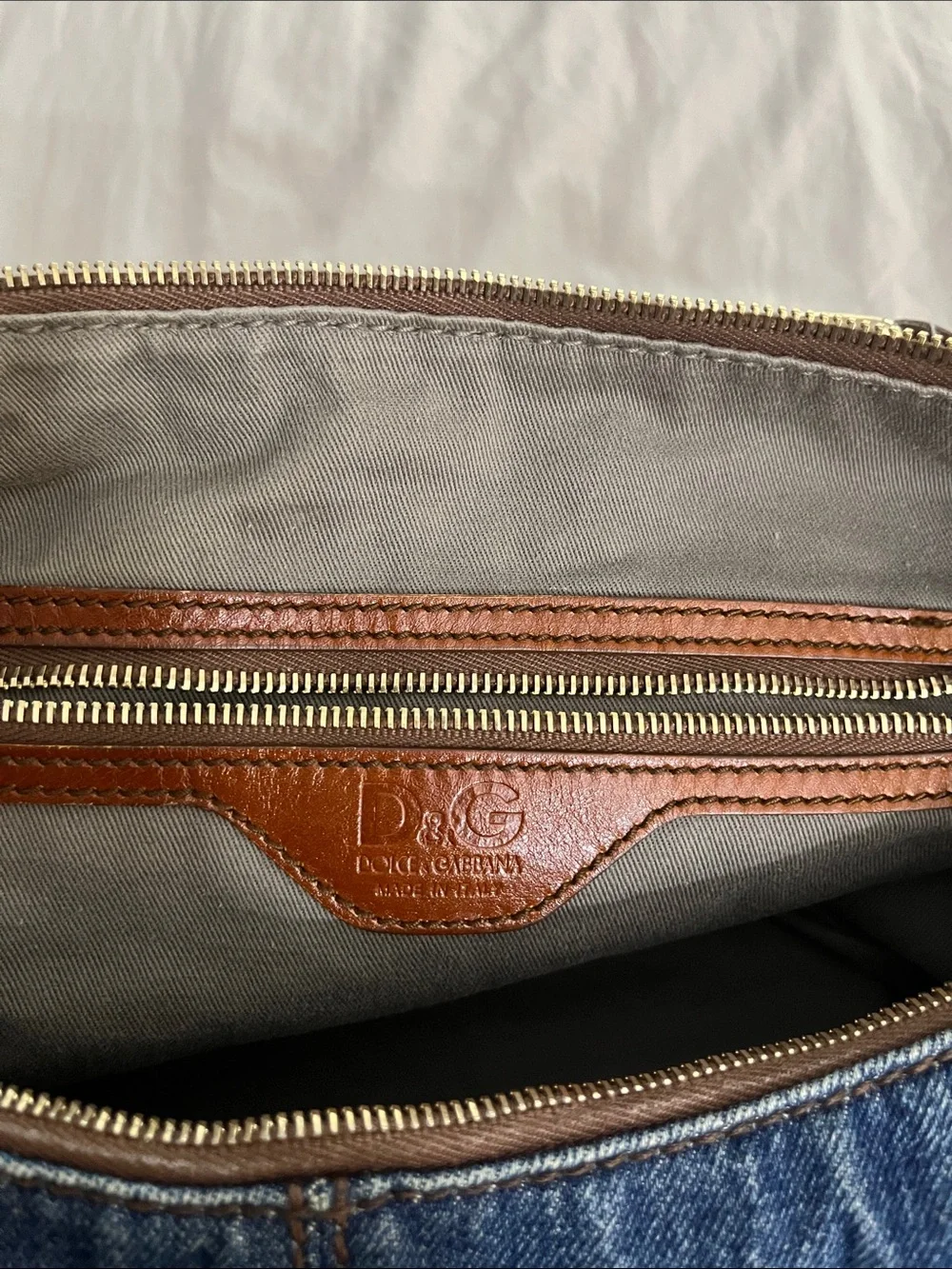 D&G Denim Shoulder Hobo Bag with Brown Leather Trim